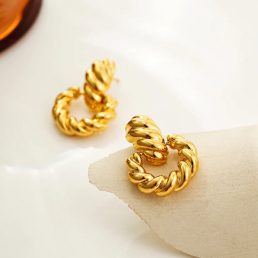 Vintage Thick Twisted Round Circle Dangle Earrings Waterproof Stainless Steel Chubby Dome Glossy Studs Non Tarnish Party Jewelry