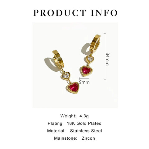 Peri'sbox Waterproof Stainless Steel 18K Gold Pvd Plated Cz Zircon Double Heart Drop Earrings Jewelry Women Valentine's Day Gift