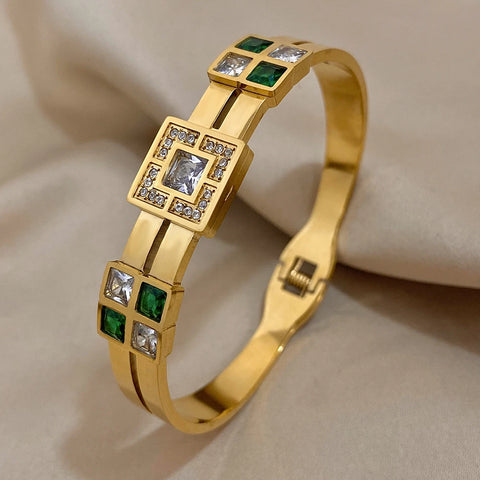 Luxury Royal Emerald Green White Zircon Stainless Steel Bangle Cuff Bracelet Italian Charm Large CZ Waterproof Bangles Jewelry