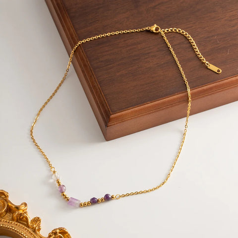 2023 New Waterproof Gold Color Stainless Steel Pendant Necklace for Women Tarnish Free Amethyst Necklace Design