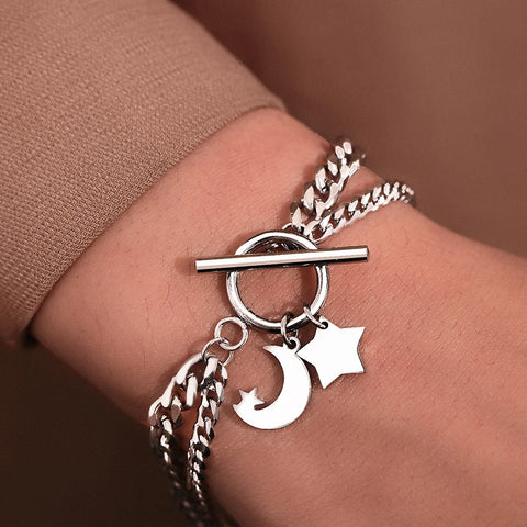 Stainless Steel Bracelets Elegant Star Moon Pendant Double Cuban chain Classic fashion