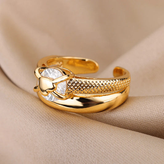 Zircon Heart Open Rings For Women Lover Gold Color Stainless Steel Engagement Wedding Ring Female Finger Jewelry Gift 2024 New