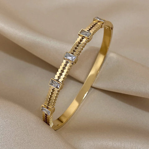 Luxury Cubic Zircon Gold Silver Color Bracelet Bangles For Women Doublelayer 316L Stainless Steel Cuff Bracelets Charm Jewelry