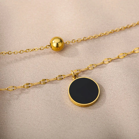 Black Round Pendant Necklaces For Women Stainless Steel Double Layer Hollow Clavicle Chain Collar Necklace Wedding Punk Jewelry