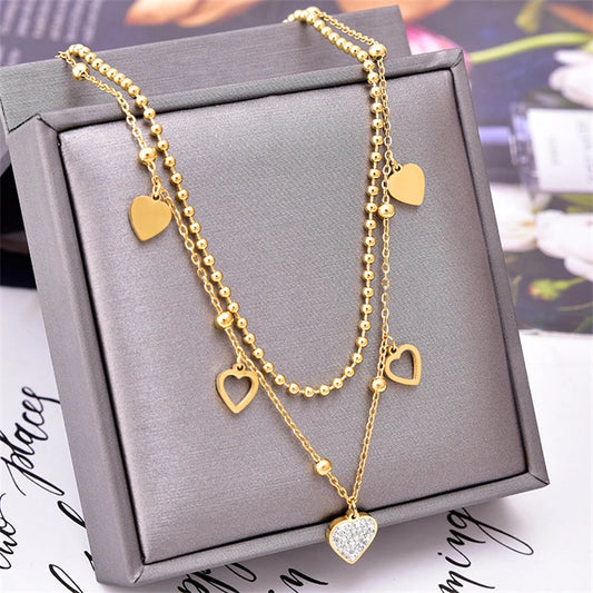 316L Stainless Steel New Fashion Fine Jewelry 2 Layer Embedded Zircon Love Heart Charm Chain Choker Necklaces Pendants For Women