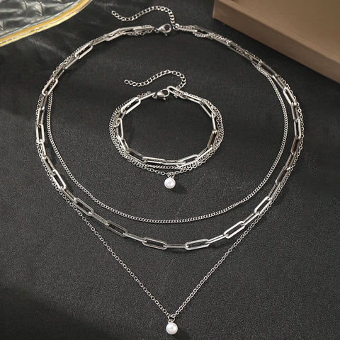 Stainless Steel Jewelry Set Elegant Delicate Pearl Pendant Jewelry Set Luxury Multi-Layer Chain Jewelry Set For Women Jewelry