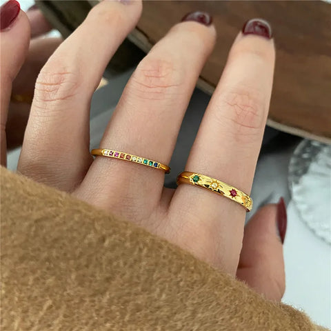 INS Stainless Steel Rainbow Color Cubic Zircon Stone Finger Rings for Women Gold Color Waterproof Stars Ring Jewelry Gift