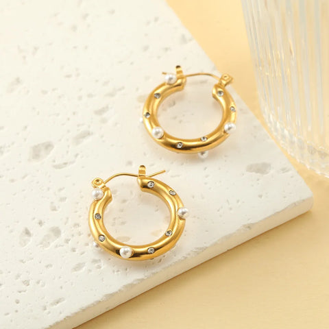 Trendy Gold Color Crystal Stainless Steel Round Earrings For Women Imitation Pearl Metal Earring Party Everyday Jewelry