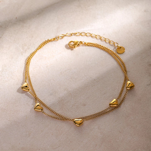 Uworld Chic Stainless Steel Love Double Layer Anklet 18K Gold Plated Waterproof Metal Fashionable Sweet Jewelry Gift For Women