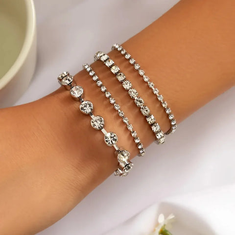 4pcs Set Luxury Gold Color Stainless Steel Crystal Chain Beaded Bracelet for Women Geometric Zircon Bangle Jewelry Accessories