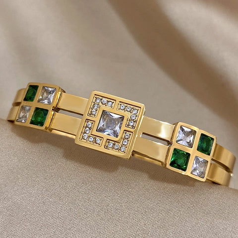 Luxury Royal Emerald Green White Zircon Stainless Steel Bangle Cuff Bracelet Italian Charm Large CZ Waterproof Bangles Jewelry