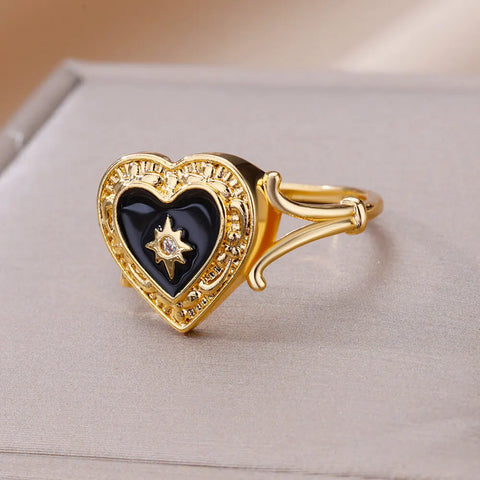 Gold Color Stainless Steel Ring for Women Colorful Cubic Zircon Heart Opening Adjustable Ring Fashion Jewelry Wedding Gift