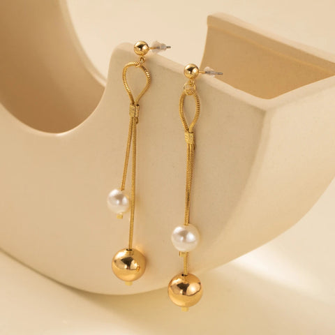 Original Design Imitation Pearl Long Tassel Drop Dangle Earrings for Women Luxury Gold Color Stainless Steel Ball Stud Jewelry