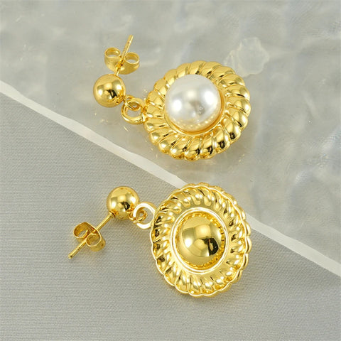 316L Stainless Steel 2024 New Fashion Fine Jewelry French Embed Pearls Circular Sunflower Gear Pattern Stud Earrings For Women