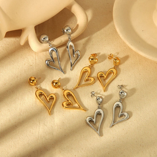 High Quality Hypoallergenic Gold Plated Hollow Out Asymmetric Heart Pendant Earrings Waterproof Stainless Steel Huggies Earrings