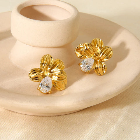 Waterproof Dainty Gold Color Stainless Steel Cubic Zirconia Stone Flower Stud Earrings for Women Texture Statement Earring Gift