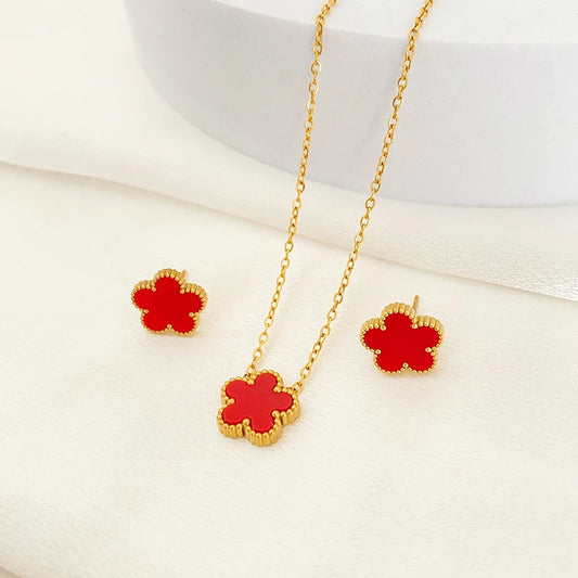 2pcs/set Flower Stainless Steel Pendant Necklace Earrings for Women 2023 Trending Clover New In Fashion Jewelry Set Accessories