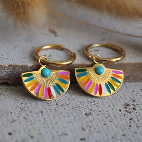 Colorful Enamel Stainless Steel Fan Geometric Bohemian Rainbow Drop Hoop Earrings Women Trendy Fashion Charm Jewelry