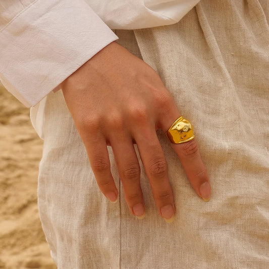 Uworld Vintage Medium Right Geometric Wide Stainless Steel Gold Color Ring Waterproof Fashion Minimalist Statement Jewelry Wome