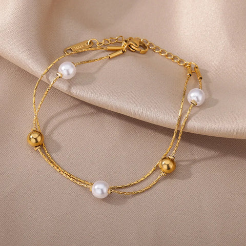 Stainless Steel Gold Color Pearl Bracelets For Women Fashion Geometric Double Chain Bracelet Party Jewelry Gift Bijoux Femme