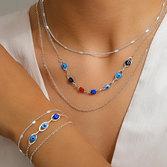 Stainless Steel Jewelry Set Layers Chain Fashion Chain Inlaid Colorful Small Eye Design Exquisite Jewelry Set For Women Jewelry