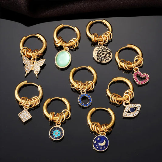 Zircon Butterfly Blue Star Moon Stainless Steel Earrings For Women Punk Square Heart Oval Hollow Evil Eye Hoop Earrings Jewelry