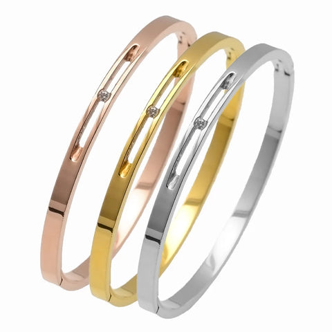 ZALMAN Love Heart Rhinestone Thin Bangle Geometry U Bracelet Gold Color Stainless Steel Bangle for Women Classic Brand Jewelry