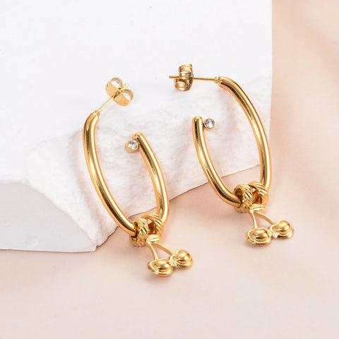 Love Heart Cherry Dangle Earrings for Women Girls Stainless Steel Waterproof Gold Color Elegant Trendy jewelry Gifts