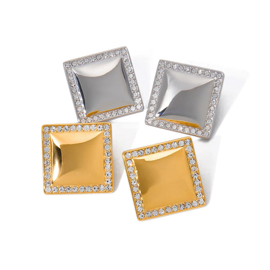 Jewelryposter Waterproof Stainless Steel Square Golden Statement Stud Earrings Tarnish Resistant Fashion Jewelry Bijoux