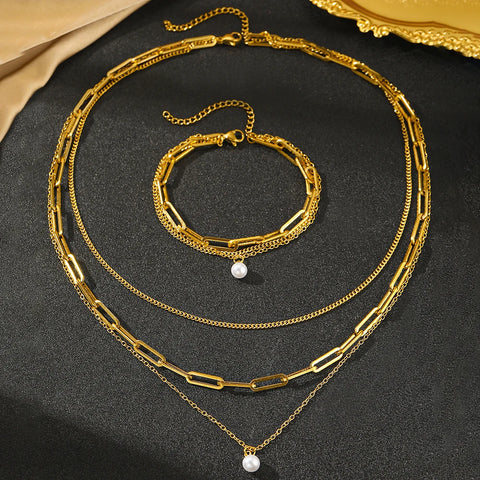 Stainless Steel Jewelry Set Elegant Delicate Pearl Pendant Jewelry Set Luxury Multi-Layer Chain Jewelry Set For Women Jewelry