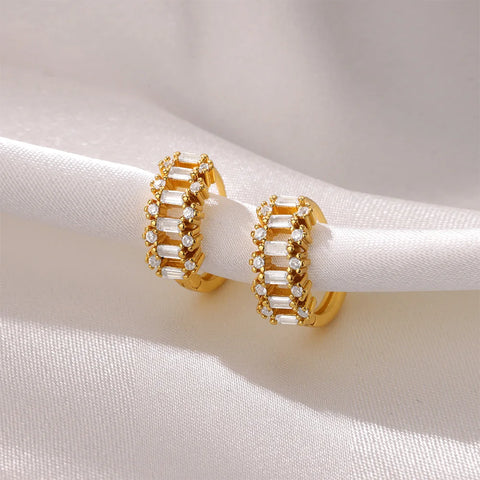 Luxury Crystasl Hoop Earrings For Women Gold Color Stainless Steel White Zircon Earrings Wedding Party Jewelry Accessories