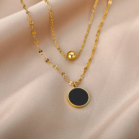 Black Round Pendant Necklaces For Women Stainless Steel Double Layer Hollow Clavicle Chain Collar Necklace Wedding Punk Jewelry