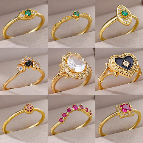 Gold Color Stainless Steel Ring for Women Colorful Cubic Zircon Heart Opening Adjustable Ring Fashion Jewelry Wedding Gift