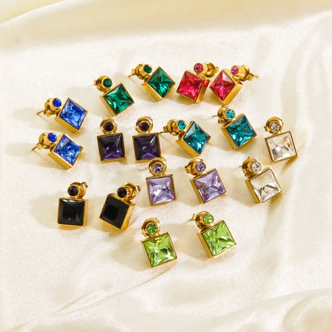 CARLIDANA Tiny Simple Square Zircon Earrings Stainless Steel 14k Gold Plated Earrings Colorful Crystal Stud Earrings for Women