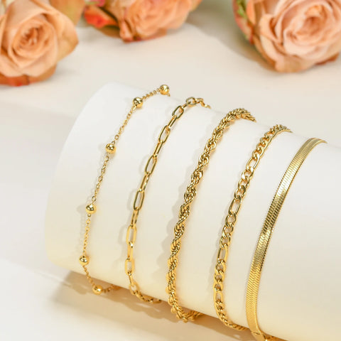 Gold Plated Bracelets Set for Women, 5pcs Chain Link Stainless Steel Statement Bracelet Stackable Layered Jewelry Adjustable