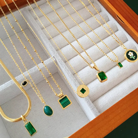 Stainless Steel PVD 18K Gold Plated Tarnish Snake Chain Green Series Zircon Necklace For Woman Jewelry Wholesale 2023 Trendy