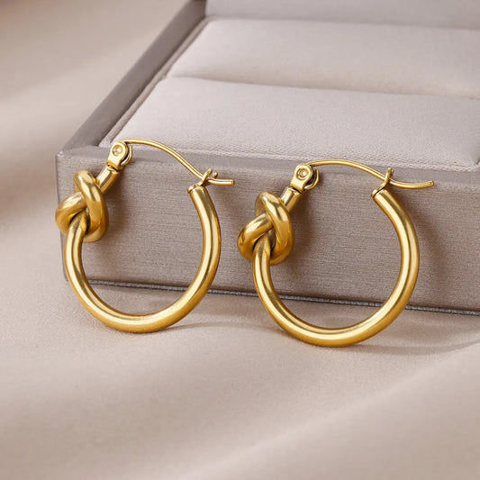 Gold Color Stainless Steel Glossy Knot Earrings For Women Vintage Simple Hoop Earring Femme Trendy Party Jewelry Accessories