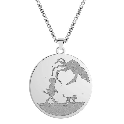 Stainless Steel Coraline Inspired Silhouette Necklace Women Men Engraved Circle Disc Pendant Necklace Geomertic Jewelry Gift