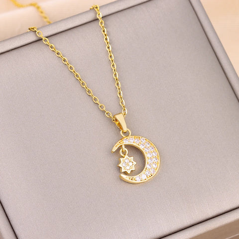 Trendy 18K Gold Plated Zircon Crystal Pendant Stainless Steel Necklace For Women Female Clavicle Chain Jewelry Lady Accessories