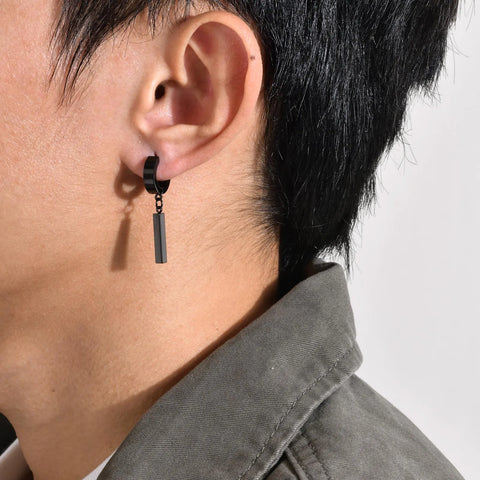 Men's Cool Punk Statement Geometric Bar Hoop Huggie Earrings Gifts Jewelry, Waterproof Stainless Steel Piercing Ear Accessory