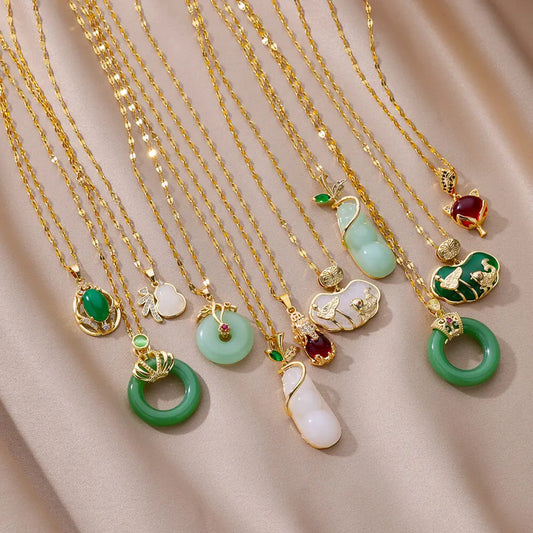 Fashion Water Drop Necklace for Women Men Gold Color Stainless Steel Chain Retro Green Round Jade Necklace Jewelry Birthday Gift