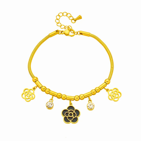 316L Stainless Steel Gold Plated Luxury Temperament Black Camellia Bracelet For Women Winter New Style Flower Jewelry No Fading