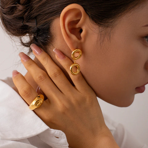 18K Gold Plated O-shaped Tarnish-proof Stainless Steel Exaggerated Multiple Circle Dangle Stud Earrings/Bracelet Set