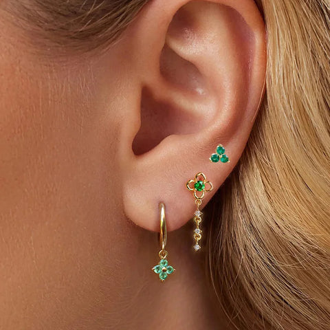 3PCS New Green Zircon Flower Hoop Earrings Set for Women Luxury Stainless Steel Piercing Earring Female Fashion Jewelry Gift BFF