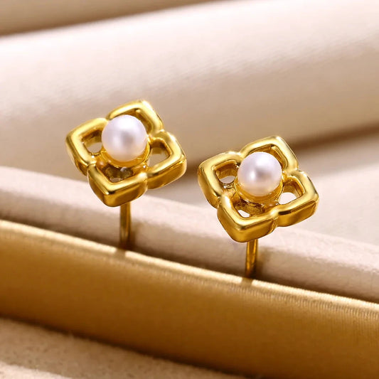 Stainless Steel Earrings for Women Girls Tiny Flower Imitation Pearl Earring Beach Vacation Waterproof Party Prom Jewelry Gifts