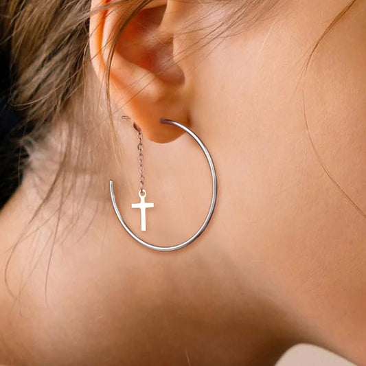 Stainless Steel Earrings C-shape Punk Cross Pendant Classic fashion Personality Dangle Earrings For Women Jewelry Banquet Gifts