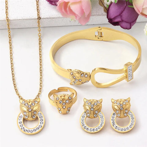 316L Stainless Steel Micro Inlaid Zircon Leopard Head Bracelet Necklace Earring Ring Women's Jewelry Set