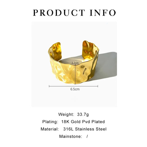 Peri'sbox Popular Stainless Steel 18k Solid Gold Pvd Plated Hammered Extra Large Cuff Bangle Bracelets for Women Chunky Jewelry