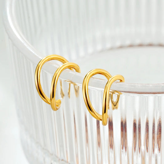 Stylish Unique Waterproof Stainless Steel Minimalist Bilayer Mini Clip Earrings Geometric Metal CC Hoops Ear Cuff Chic Jewelry