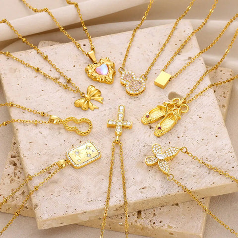 Charm Bow Necklace For Women Romantic Butterfly Heart Zircon Gold Color Cross Choker Stainless Steel Chain Jewelry Xmas Gift